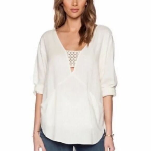 FREE PEOPLE Just Cruisin Linen Blend Top Pockets Crochet Deep V Ivory Women’s XS - Picture 1 of 8